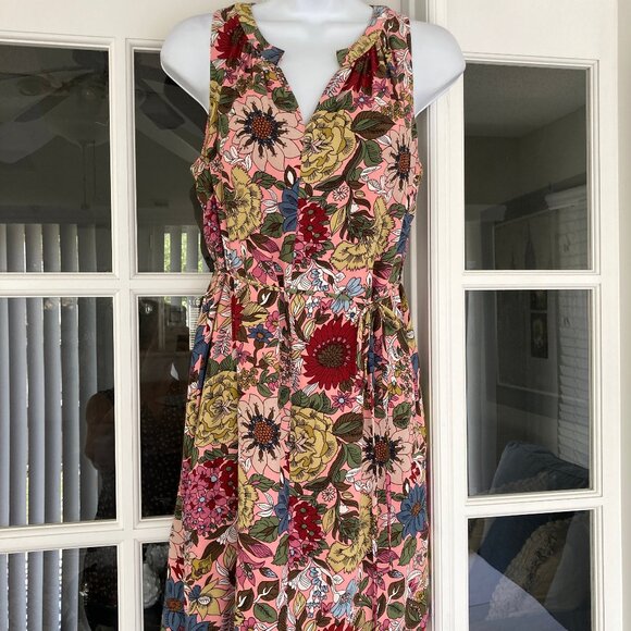 LOFT  Burgundy Coral Olive Green Floral Sleeveless V Neck Dress Small Petite - Picture 4 of 9